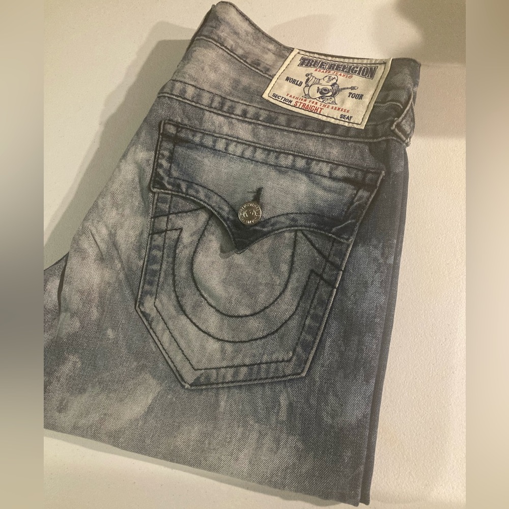 Vintage 2014 True Religion Straight w/flaps in Rare “INDIGO CAMO” wash 32”x33.5”